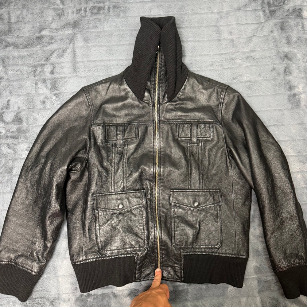 Metrostyle Leather Bomber Jacket Womens Large Black Ribbed Funnel Neck Utility
